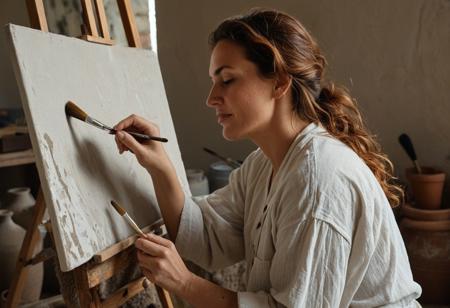 *A hyper-detailed candid Híper realistic (8K) portrait of a 38-year-old woman with sun-kissed olive skin and auburn waves loosely tied back, her freckled nose catching the light. She stands at an easel in a sunlit studio, one hand holding a paintbrush, the other wiping a smudge of ochre pigment from her linen smock. Laugh Lines crinkle as she squints at her canvas, lips parted in concentration. The background blurs into muted earth tones—clay pots, dried brushes, a draped kilim rug. Shot on a Nikon Z8 with a 50mm f/1.2 lens, highlighting her chin scar, flyaway hairs, and the texture of her ink-stained fingers.*