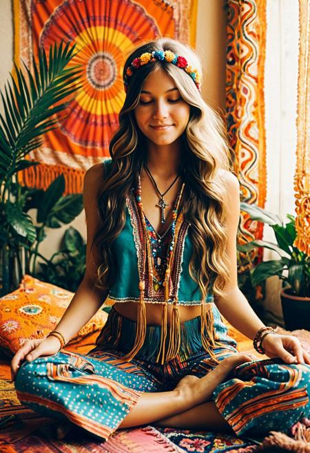 Full-body ultra-detailed photo of a 1970s hippie girl sitting cross-legged on a bed, eyes closed, shy smile. She wears colorful bohemian clothes — flared pants, patterned blouse, fringe vest, lots of handmade jewelry. Long wavy hair with natural highlights, floral headband. The room is filled with bright, vivid decor: psychedelic tapestries, vinyl records, macramé, incense smoke creating a soft haze. Lush indoor plants, sunlight casting warm golden tones through patterned curtains. Bright, saturated retro colors, cinematic lighting, shallow depth of field, dreamy vintage 70s atmosphere, photographic realism, soft film grain