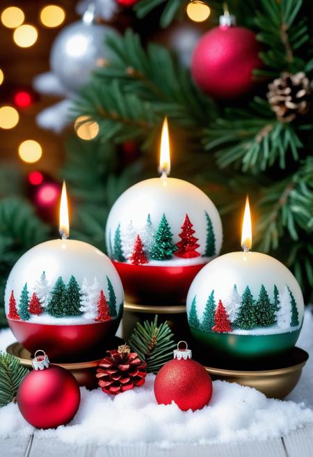 three Christmas candles with snowy fir trees painted on top, Christmas balls at the bottom of the candles, in the background a crystal ball and connifer forest