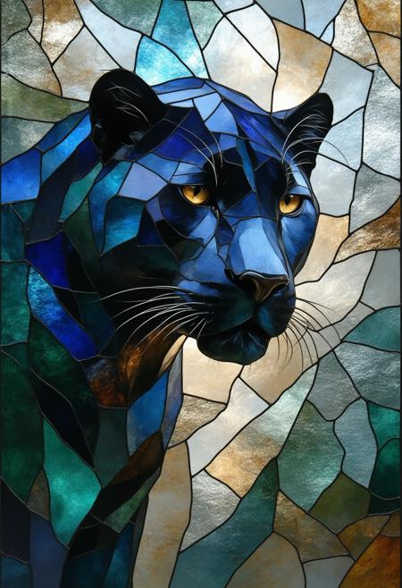 A mesmerizing and powerful depiction of a panther, rendered as a fractured stained-glass Cubist masterpiece. Presented in a front view, the panther's form is deconstructed into a dynamic arrangement of geometric shapes, each shard catching and reflecting light in an otherworldly glow. The color palette vibrates with deep jewel tones â emerald green, sapphire blue, and ruby red â contrasted by stark black outlines and luminous white highlights. Multiple perspectives converge, revealing the pantherâs posture from different angles, emphasizing its inherent grace and predatory intensity. Subtle photorealistic detailsâthe glint of its eyes, the texture of its fur, the subtle tension in its musclesâare seamlessly integrated with the fractured geometry, creating a paradoxical sense of realism and abstraction. A soft, radiant glow emanates from within the stained-glass elements, intensifying the sense of mystery and power. Ultra detailed, 8k resolution, volumetric lighting, octane render, a visually stunning and emotionally resonant composition, embodying the spirit of the wild.