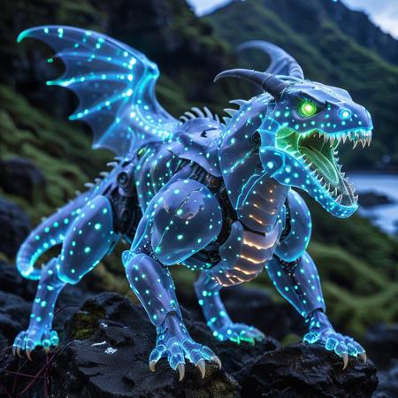 codeandigital, c0dean0igital, cyberw0rlds, no humans, dragon made of bioluminescent organisms, mountain background, wings made of bioluminescent organisms, claws, solo, open mouth, tail, green eyes, sharp teeth, teeth, monster, robot, full body, non-humanoid robot, horns, mecha, flying, tongue, from side, creature, fangs, science fiction, glowing, spikes, bioluminescent organisms scales, green gem, looking at viewer, armor made of bioluminescent organisms, Tokio streets background, Tokio, mountain, Fuji