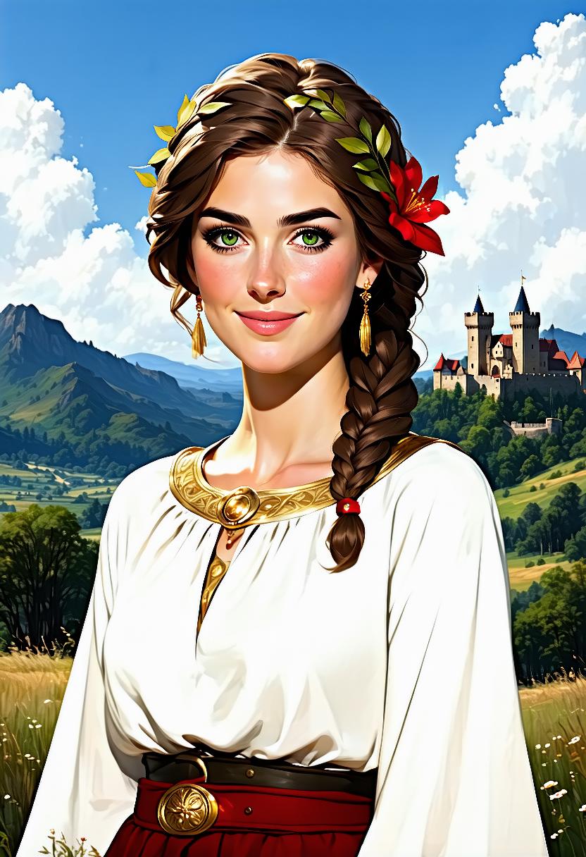 depicts a young woman with fair skin and light brown hair styled in loose waves, adorned with a headband of gold leaves and a red flower, she has striking green eyes and a delicate, symmetrical facial structure, her expression is calm and serene, with just a hint of a smile, she wears a white tunic with a high collar and a red and gold belt which adds a regal touch to her outfit, the tunic is adorned with intricate gold embroidery and a gold belt with a large, ornate buckle, her earrings are small, gold-colored, dangling earrings, the background showcases a picturesque landscape with rolling hills, luscious green fields and a distant castle, likely a medieval castle, in the distance, the sky is a pure blue with fluffy white clouds, enhancing the serene and picturesque atmosphere, the overall style of the painting is realistic with a touch of hyperrealism, capturing small details such as the texture of her hair and the softness of her skin,
