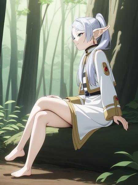 (frieren, pointy ears, elf, earrings, twintails, parted bangs, grey hair, thick eyebrows)