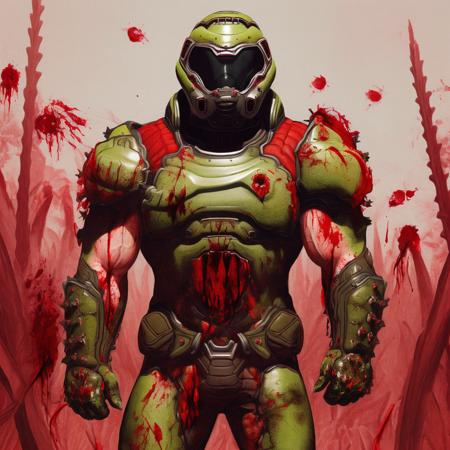 best quality, highres, absurdres, accurate,solo, standing, cornfield, 1boy, armor, clenched hands, boots, helmet, muscular, blood splatter, slayer,   <lora:doomslayer2:1>