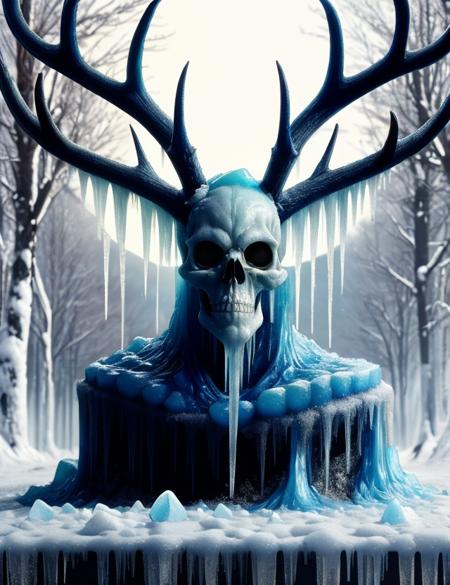 hyper detailed masterpiece, dynamic, awesome quality, DonMFr0stSl1m3 amazon, mythical creature, gaunt emaciated humanoid, skull-like antlered head, sharp elongated claws covered in ice and frost and rime, winter wilderness, glowing eyes, curse, supernatural transformation
 <lora:DonMFr0stSl1m3:1>