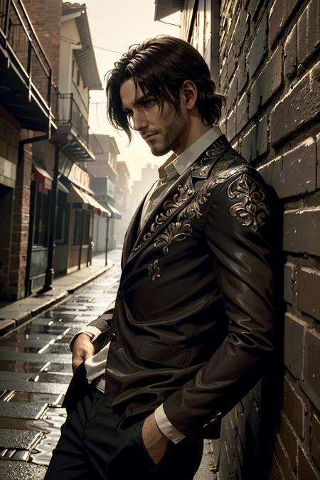 ((ultra detailed, masterpiece, best quality))
 <lora:RE4Luis:0.8>
RE4Luis, 1boy, solo, brown hair, In an urban alley, tailored suit, city lights reflecting on wet pavement, leaning against a brick wall with a mysterious gaze