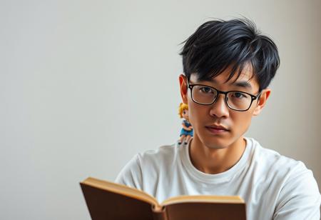 a chibi little blond haired princess is sitting on the shoulder of a male writer. the male writer has deep set eyes and a fierce gaze with shining pupils and dark corneas. He has soft kind eyes. He's slightly slovenly with messy dark black hair and wears a set of glasses. he's slightly bookish, meek, and timid. he has a round unassuming face. the male author is 30 years old and middle-aged. he wears casual clothes consisting of a simple white t-shirt. the chibi little prince hovers around him writing like a small spirit. the male author is Asian and of Chinese descent.