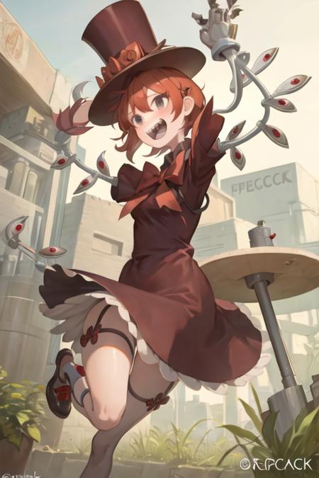 1girl, sgpeacock, short hair, sharp teeth, (mechanical arms:1.2), bow, hat, dress  <lora:peacock-skullgirls:0.70>