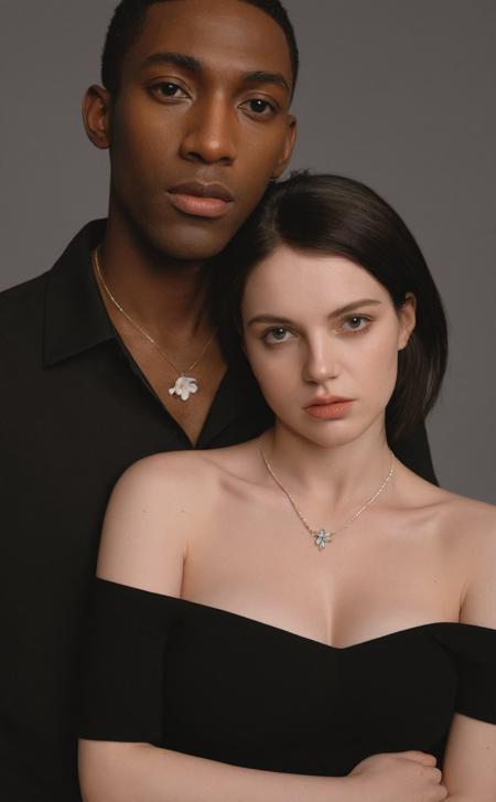 realistic,portrait of dark-skined American 1man and pale-skinned French 1woman,half body,both looking at viewer,pale French girl in open v chest clothes and black american boy in collared shirt,jewelry,flower,necklace,breasts,sexy art,refined editorial photograph,real photo,8k,sharp high-quality photo,