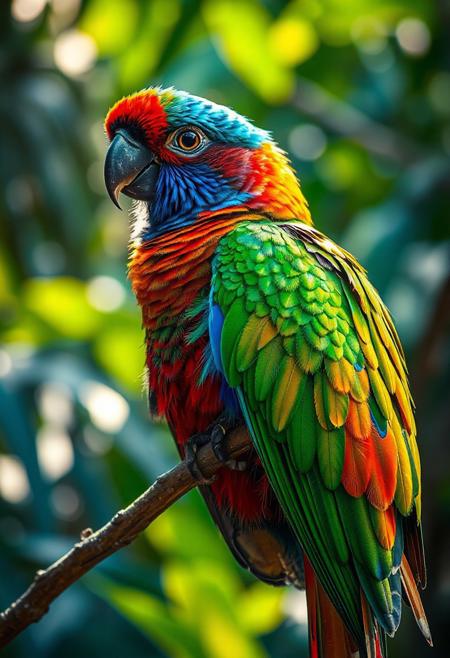 A majestic, ultra-detailed tropical bird perched on a branch, feathers shimmering in a spectrum of vibrant colors — sapphire blue, emerald green, ruby red, and golden yellow — iridescent and glowing in soft sunlight, hyper-realistic texture, intricate feather patterns, sparkling eyes, lush jungle background with blurred depth of field, photorealistic, 8k, award-winning wildlife photography style