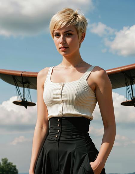 RAW full body analogue photo of a beautiful 25 years old woman, clear focus, high resolution image, pale skin (Platinum-blonde Viking woman),  ,wearing Amish, (cute pixie cut hairstyle:1.6),,low light, soft natural light, Rembrandt style light, Hasselblad DLSR camera, 200mm Zeiss lens, f/2.8 ,Sexy pose, erotic pose, exhibitionism, ,steampunk airship fleet soaring above the clouds