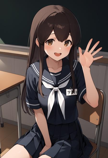 aaakagi, long hair, brown hair, brown eyes, japanese clothes, muneate, tasuki, hakama skirt, red hakama, white thighhighs aaakagi, long hair, brown hair, brown eyes, black serafuku, black sailor collar, white neckerchief, black shirt, name tag, short sleeves, pleated skirt, black skirt