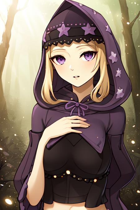 best quality, masterpiece, <lora:SMTDoiStyle:0.7>SMTDoiStyle, <lora:Velvetv2:0.7>velvet, (purple hood:1.4), crop top, star headdress, (purple puffy sleeves:1.4), hand on own chest, light particles, depth of field, looking at viewer, parted lips, forest, fireflies, light rays,