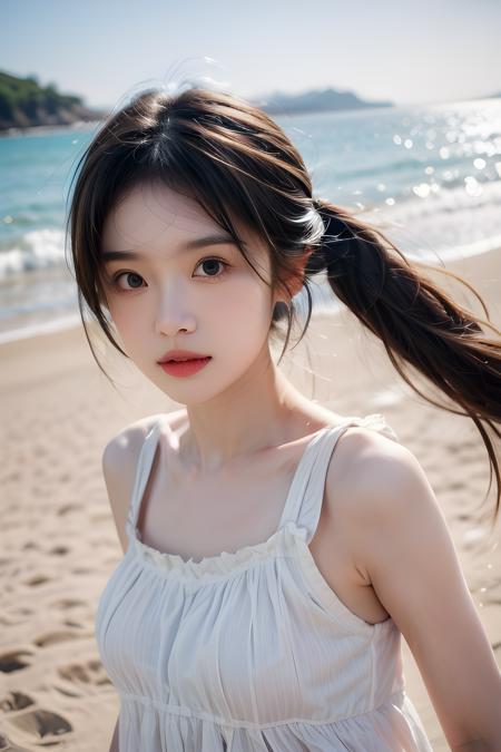 (bright sunshine, extremely detailed face:1.3), 1girl walking on beach, sea, wind, cloud, (wet, white_sundress, sleeveless), (best quality, masterpiece, 16k, raw photo, ultra high res:1.2), sharp focus, blurry background, close up