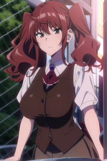 erikakuramoto, <lyco:erikakuramoto-LYCORIStest:1>,
erika kuramoto, twintails, (red hair:1.5), two side up, (brown eyes:1.5), hair between eyes, (large breast:1.2),
BREAK collared shirt, shirt, ascot, red ascot, juliet sleeves, short sleeves, sweater, brown sweater vest,
BREAK looking at viewer,
BREAK indoors, classroom,
BREAK <lora:GoodHands-vanilla:1>, (masterpiece:1.2), best quality, high resolution, unity 8k wallpaper, (illustration:0.8), (beautiful detailed eyes:1.6), extremely detailed face, perfect lighting, extremely detailed CG, (perfect hands, perfect anatomy),