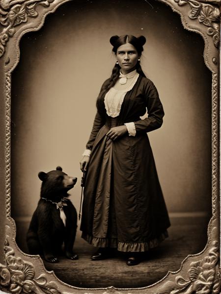 Victorian-era pocahontas standing with bear, posed for a prohibition-themed gala, captured in ferrotype style, high contrast, sepia-toned, soft focus, depth of field like f/750, vignette effect with version 6.0 touch, vintage aesthetic, antique texture, ultra-realistic.