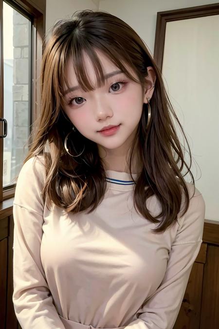 (masterpiece, best quality),  futurist, best quality, spicyuuu, 1girl, solo, looking at viewer, smile, brown hair, shirt, long sleeves, earrings, lips, head tilt, blurry background,atmosphere, 
<lora:Spicyuuu-04:1>