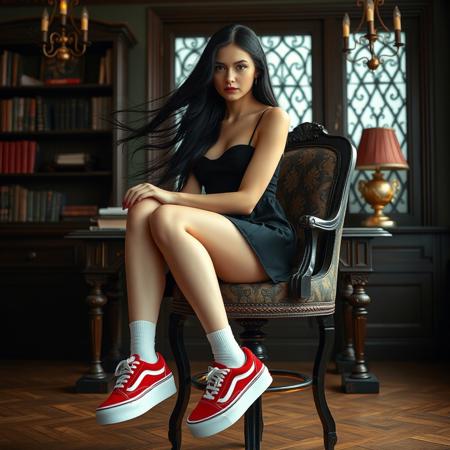 A professional photo of a young woman with flowing black hair, lighting in the style of Art Nouveau, sitting in a tall chair, sexy pose, legs crossed, antique desk in an old study, woman with long legs, Her eyes holds a hint of mystery, wearing a sexy black dress, wearing white socks, wearing red Vans sneakers, (((Vans-Authentic-platform-sneakers))), (((visible full body)))
(realistic:1.2),(seductive:1.25), (((perfect anatomy))), (((visible sneakers))), (((detailed sneakers))), beautiful face, perfect eyes, ((((perfect legs)))), (((visible full body)))