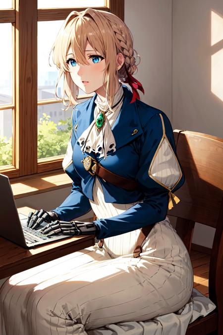 masterpiece, best quality, highres, violet evergarden, braid, hair ribbon, red ribbon, jewelry, white ascot, brooch, blue jacket, long sleeves, mechanical hands, white dress, long dress, <lora:violet_evergarden_v1:0.7>, indoors, window, sitting, desk, laptop,