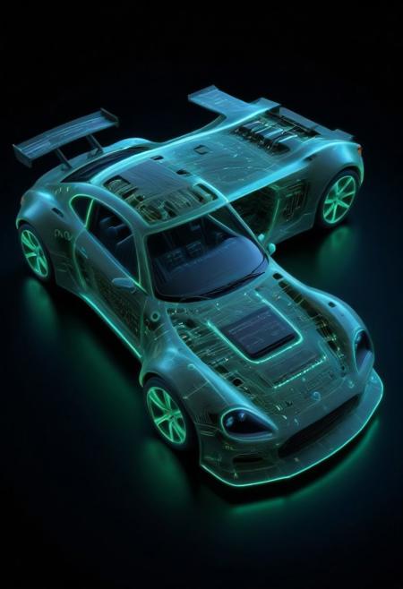 futuristic sports car made of circuit board materials, (aerodynamic body panels with microchip textures:1.4), (neon circuitry running across chassis:1.5), wheels like rotating capacitors, realistic lighting reflections, studio shot with black background, sci-fi automotive design, precision engineering, blue and green LED details, high detail concept art, (TzigoCBS), lazympos, lazyneg, lazyxxx
