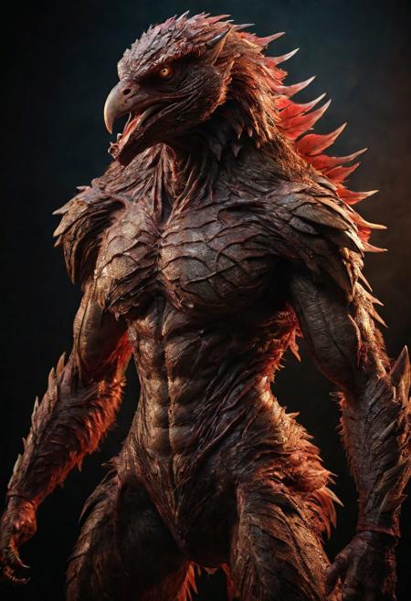 Frontal view. looking forward, looking viewer, full body, realistic professional photography, monster werebird woman, brown and red, cinematic lighting, perfect shading, amazing composition, dynamic angle, 35mm photograph, best quality, masterpiece