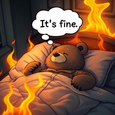 Bear sleeping in bed in pjs with thinking bubble "It's fine", eyes closed, room burning around him, fire, (((flames))), warm hues, realistic, photorealism, hd, 8k, high definition, score_9, score_8_up, score_7_up, score_6_up,