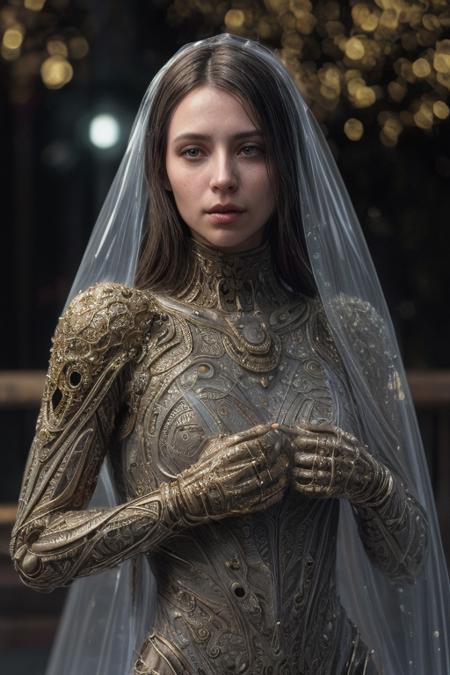 Raw Photo of planetary explorer of harsh alien worlds, wearing transparent, ((translucent), gold filigree biomechanical suit, gold filigree gloves, ((light bokeh)), intricate, elegant, sharp focus, soft lighting, vibrant colors, masterpiece, detailed face, intricate details, cinematic shot on Nikon z9 mirrorless camera, ultra realistic, (art by Darek Zabrocki and Giger and Cedric Peyravernay),  (detailed exterior sci-fi environment :1.4), Dystopian, photorealistic, epic, highly detailed eyes, eyes are identical and symmetrical  <lora:more_details:0.9> ((eye contact)), looking at viewer
