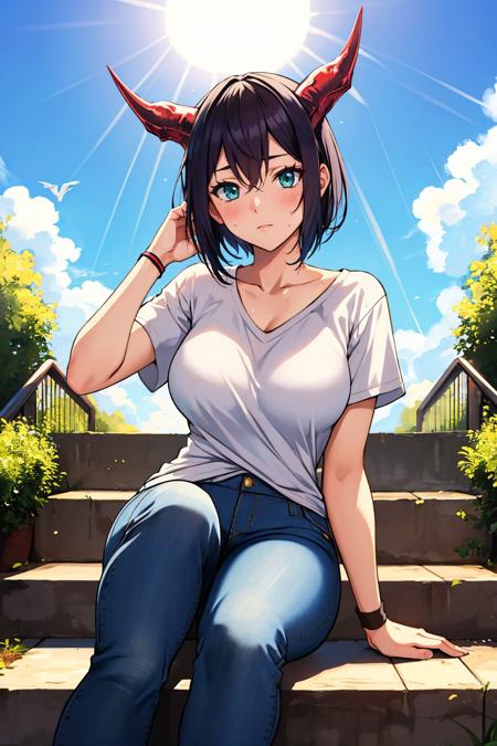 masterpiece, best quality, <lora:souka-nvwls-v1-000009:0.9>  souka, dragon horns, white t-shirt, large breasts, summer, sun, stairs, sitting, jeans, looking at viewer, sweatband, sky, clouds