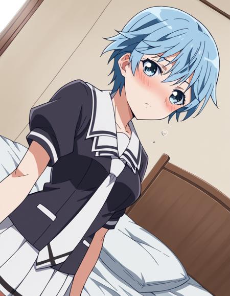 fuuka akitsuki, short hair, blue eyes, blue hair, skirt, school uniform, necktie, serafuku, socks, kneehighs, skirt, white skirt, pleated skirt, black shirt, headphones,