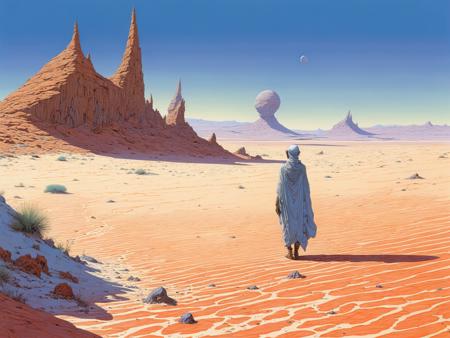 (masterpiece, best quality, high quality, highres:1.4), detailed, extremely detailed, Vast desert landscape, blazing sun, blue sky, sand dunes, surreal rock formations, distant spires, in the foreground a Lone traveler, tattered cloak, determined expression, dramatic shadows, in the midground Strange rock formations, surreal shapes, curious creatures, in the background Towering spires, shimmering heat waves, endless expanse of desert, occasional oasis. Solitude, introspection, awe, wonder, surreal elements, contemplation, imagination, excitement, apprehension, Moebius (Jean Giraud) style <lora:Moebius (Jean Giraud) Style:1>