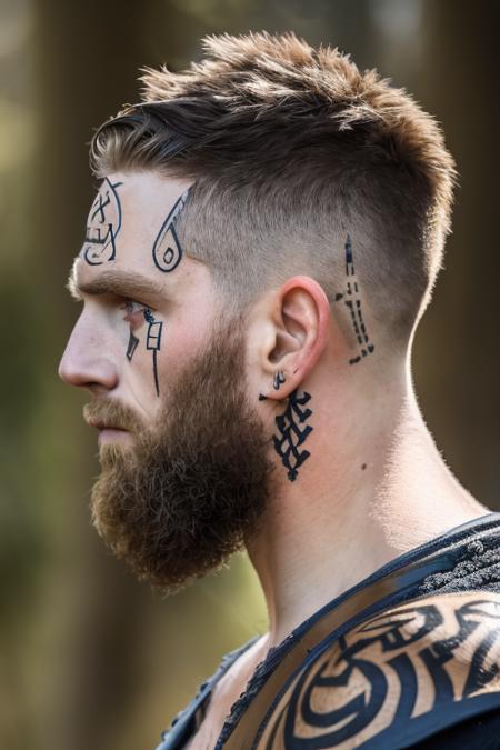 professional photo of a handsome Viking warrior with face tattoo, in profile, in a forest, <lora:Nlo_FaceTattoo_v1:1>