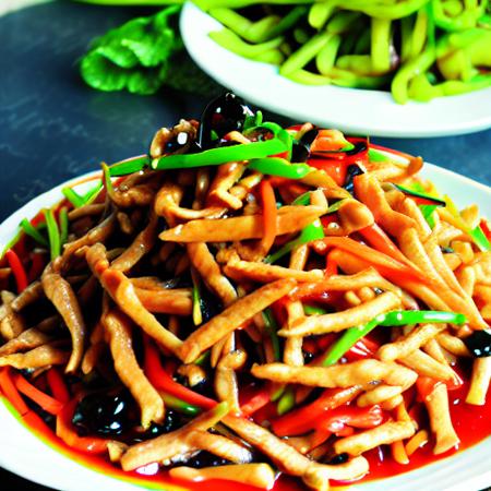 fish-flavored shredded pork, Chinese cuisine, Sichuan, plate, food, colorful, sauce, sauted, vegetables, carrot, wood ear fungus, bamboo shoots, bell pepper, green onion, garlic, ginger, spicy, sweet, sour, shredded meat, thin slices, traditional cutting technique,  <lora:yuxiangrousi:1>