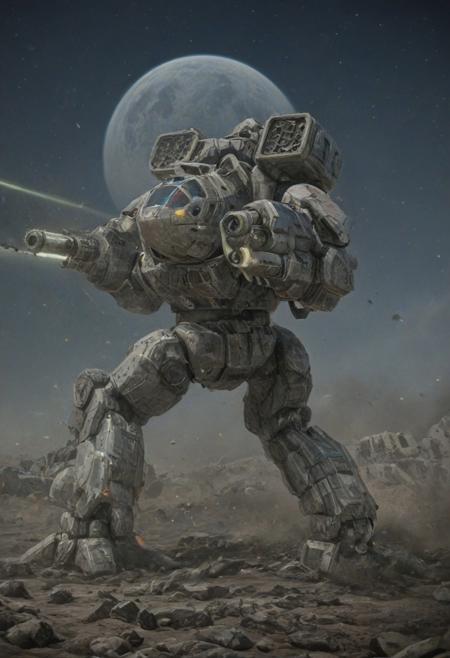 masterpiece, best quality, amazing quality, very aesthetic, absurdres, photo,
(madcat mkii), (masterpiece:1.16), (hyperrealistic:1.4), (ultra detailed:1.4), (best quality:1.13), (very wide shot:1.6), (battlefield view shot RTS style:1.25), (full-body view:1.23), (MechWarrior:1.15), (bipedal digitigrade war machine:1.15), (symmetrical mech design:1.2), (autocannons on arm mounted hardpoints:1.24), (detailed sci-fi armor and weaponry:1.27), (articulated mechanical legs:1.27), (advanced military technology:1.27), (realistic metal and composite textures:1.27), (standing in a vast moon warzone:1.19), (barren rocky lunar landscape:1.19), (impact craters:1.19), (jagged rocks:1.19), (drifting regolith:1.19), (distant explosions:1.19), (scorched ground:1.19), (debris fields:1.19), (multiple planets visible in the black sky:1.14), (harsh sunlight:1.14), (sharp shadows:1.14), (pale blue or green planetary glow:1.14), (atmospheric light rays:1.26), (dramatic volumetric lighting:1.26), (cinematic haze:1.26), (global illumination:1.26), (soft shadows:1.26), (sharp focus:1.26), (mist:1.18), (dust clouds:1.18), (sense of depth:1.18), (ambient occlusion:1.18), (ultra high resolution:1.2), (Hasselblad:1.1), (35mm lens:1.1), (9:16 vertical composition:1.1)
