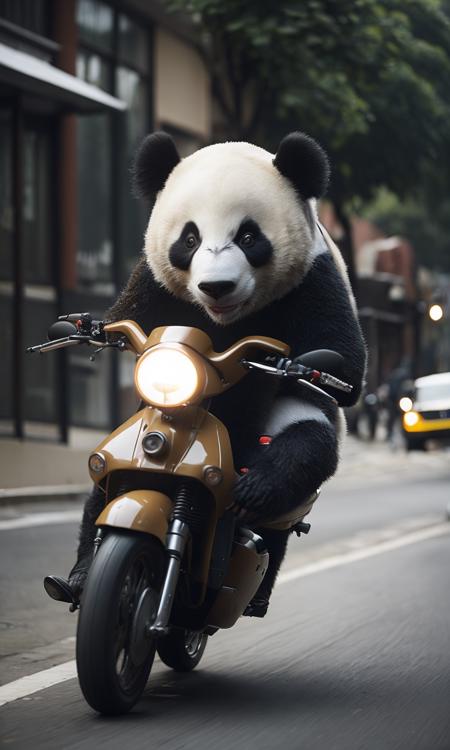 .photo realistic, ultra details, natural light panda riding moped, speeding past other cars, digital art, (photo, studio lighting, hard light, sony a7, 50 mm, hyperrealistic, big depth of field, concept art, colors, hyperdetailed, hyperrealistic) , ((moody lighting)), (fog), (ambient light)