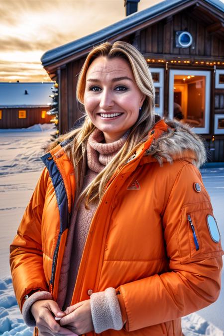 (masterpiece) (high quality) (professional) (realistic) portrait of Ebba Busch wearing a orange winter jacket with fur lining outside an ice hotel <lora:Ebba_Busch_vng:1>  (HDR)   (half portrait composition)