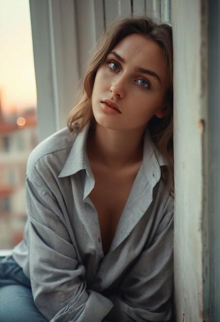 Cinematic shot of a beautiful woman sitting on a window ledge, (dreamy expression:0.1). Wearing only a oversized man shirt.
NurLens, photography, Warm Lighting Style. Detailed eyes, (grey eyes:1).