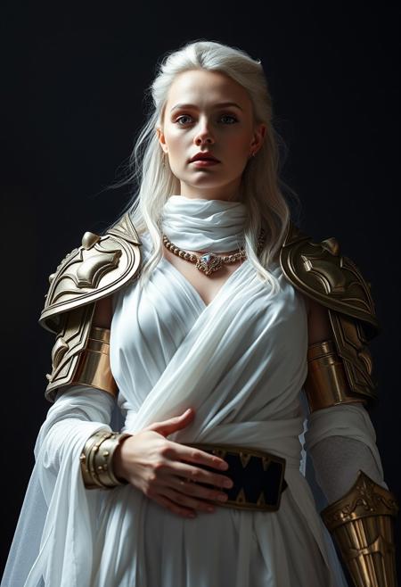 very low angle, albino princess, beautiful, epic heroic  pose,transparent white robe , brass armour, perfect and natural breast,  masterful photography studio