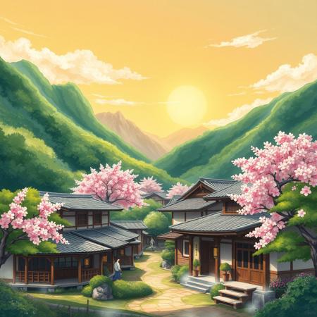 A serene anime-inspired village scene set amidst lush green mountains, with traditional Japanese-style houses featuring curved tiled roofs, paper lanterns, and sliding doors made of natural wood, surrounded by lush trees with blooming cherry blossoms in shades of pink and white, against a warm sunny sky with a few wispy clouds, rendered in a vibrant watercolor style with bold brushstrokes and delicate textures, evoking a sense of tranquility and harmony with nature, with maybe a few villagers in the distance, dressed in traditional attire, going about their daily lives, with subtle hints of mist and fog hovering around the village, giving it an enchanting and mystical atmosphere.