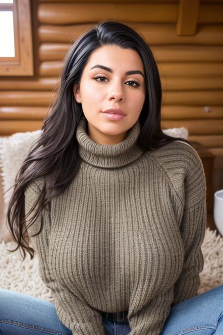 portrait of (DEN_evgenia_talanina:0.9) wearing a woollen turtle neck jumper and jeans in a log cabin, high neck, jumper, woollen jumper, jeans, trousers,
headshot, centre frame, face focus, head focus,
photorealistic, high detail, detailed, realistic, intricate,