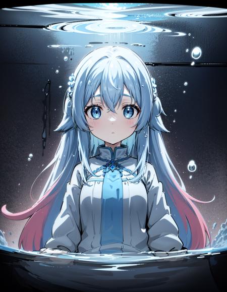 (blue theme, water:1.4), 1girl, solo, looking at viewer, (partially submerged:1.4), white dress BREAK long hair, (white hair:1.2), (colored inner hair:1.3), two-tone hair, gradient hair, (pastel pink hair:1.1), hair ornament, long sleeves, blue eyes, petals, ripples, very long hair, petals on liquid, puffy sleeves, bangs