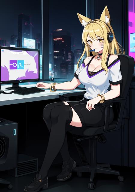 ((masterpiece)), (best quality:1.7), (detailed:1.4), (high res:1.4), 8k, (colorful:1.5), 2d, high resolution, sharped image, 4k, hd, kda_ahri_league, 1girl, (((solo))), (((blonde hair))), yellow eyes, long hair, full body, cleavage, ((curvy body)), kinky hair, curly hair, medium breasts, headset, choker, thighhighs, black thighhighs, animal ears, fox ears, jewelry, bare shoulder, short sleeves, white shirt, black short, facial marks, whisker markings, idol, jewelry, bracelet, black boots, ((idol)), bedroom, computer, gaming computer, rgb lights, night, city, window, multiple rgb lights, neon, cyberpunk city, sitting, in front a computer, ((looking at computer)), ((peace symbol)), <lora:kdahri_league:0.5>, <lora:thickerLinesanimeStyle:0.6>