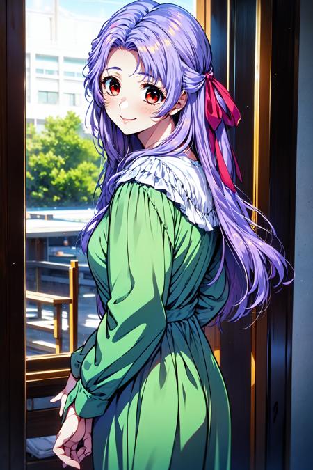 1girl, light smile, standing, looking at viewer, mansion,
doukoku_kanae, red eyes, purple hair, long hair, hair ribbon, green dress, <lora:doukoku_kanae_lora_ver1:0.7>, best quality, masterpiece, highres, <lora:GoodHands-vanilla:1>