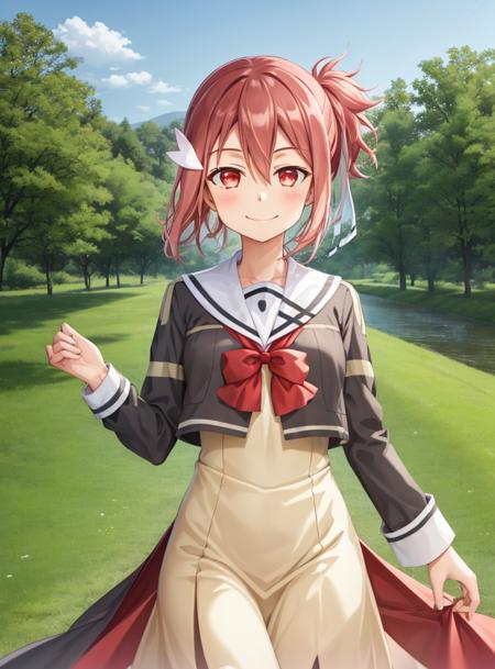 nature, river, forest,bloom,
<lora:Yuuki_Yuna-10:1>,Yuuki_Yuna, 1girl, solo, smile,hair ornament,red eyes, thighhighs, long sleeves,school uniform,dress,bow,red ribbon, hair between eyes,White hair ribbon,bright  red hair, black thighhighs, clothes lift, side ponytail,smile,((upper body)),