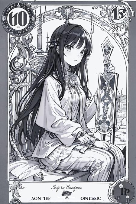 masterpiece,best quality,1girl,(solo:1.5),monochrome,lineart,comic,comic cover,Title,panorama,Tarot style, <lora:manhuav1.2:0.8>,