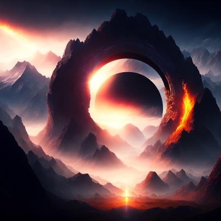 (endgate style:1) a giant black hole surrounded by a mountain range <lora:djzEndGateV21_LoraBooth:1>