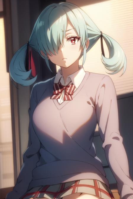 noatakigawa, <lora:noa takigawa s1-lora-nochekaiser:1>,
noa takigawa, (red eyes:1.3), twintails, blue hair, (hair over one eye:1.5),
BREAK shirt, thighhighs, bow, school uniform, pleated skirt, bowtie, zettai ryouiki, plaid, plaid skirt, sweater vest,
BREAK indoors, classroom,
BREAK looking at viewer,
BREAK <lyco:GoodHands-beta2:1>, (masterpiece:1.2), best quality, high resolution, unity 8k wallpaper, (illustration:0.8), (beautiful detailed eyes:1.6), extremely detailed face, perfect lighting, extremely detailed CG, (perfect hands, perfect anatomy),