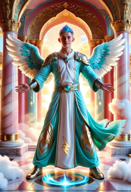 lazypos, toprush, cottoncandy
high contrast shadows, hyper-realistic lighting and textures, 8k UHD, dynamic pose, cinematic lighting, a lean half-angel deva with fair freckled skin, undercut cotton candy hair, and sparkling blue eyes stands confidently at the entrance of a sunlit marble temple. His silver armor is ornate, with sculpted pauldrons, engraved greaves, and a glowing emerald set into his chestplate. A sheer cotton candy-trimmed robe clings to his waist and reveals a toned abdomen beneath. One hand clasps an upright sword of polished metal, its blade reflecting golden light, while a bright blue stylized lightning bolt symbol hovers just above the tip without touching it, fully filled and separate. His white feathered wings are partially spread, catching golden hour light through vaulted columns. Gold jewelry glints on his wrists and neck. A soft incense haze swirls near the floor. He has an triumphant expression, halo aglow, body subtly arched in a graceful, confident pose