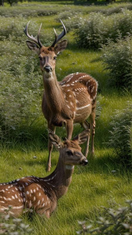 high quality, high resolution, extreme detail, masterpiece, forest, grassy field, deer, <lora:Deer_LoRA:1>, closeup