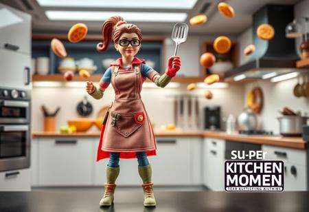 "Super Kitchen Mom" â A culinary superhero armed with a high-tech apron that stores gadgets for any kitchen emergency. She wields a super-powered spatula that can flip anything, from pancakes to villains, and her oven mitts can withstand any heat. The action figure comes packaged with a ral-afpacking label at the bottom-right corner. The background shows a fully equipped futuristic kitchen, with food flying through the air in a perfect whirlwind of multitasking.
