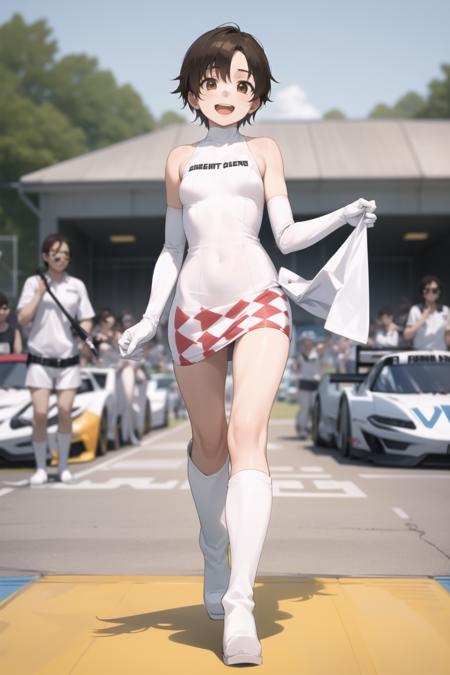 <lora:reiko-000030:1> reiko, brown eyes, white dress, short dress, race queen, elbow gloves, white footwear, knee boots,
small breasts,
1girl, standing, checkered flag, racecar, race, starting line, excited